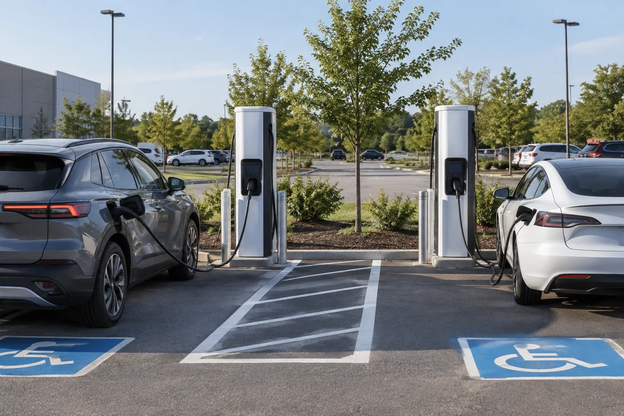 Commercial EV charging bays in a retail parking lot with vehicles connected to chargers