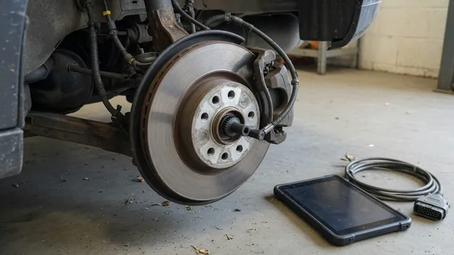 Illustration of a rear wheel speed sensor, nearby wiring, and an ABS diagnostic scanner