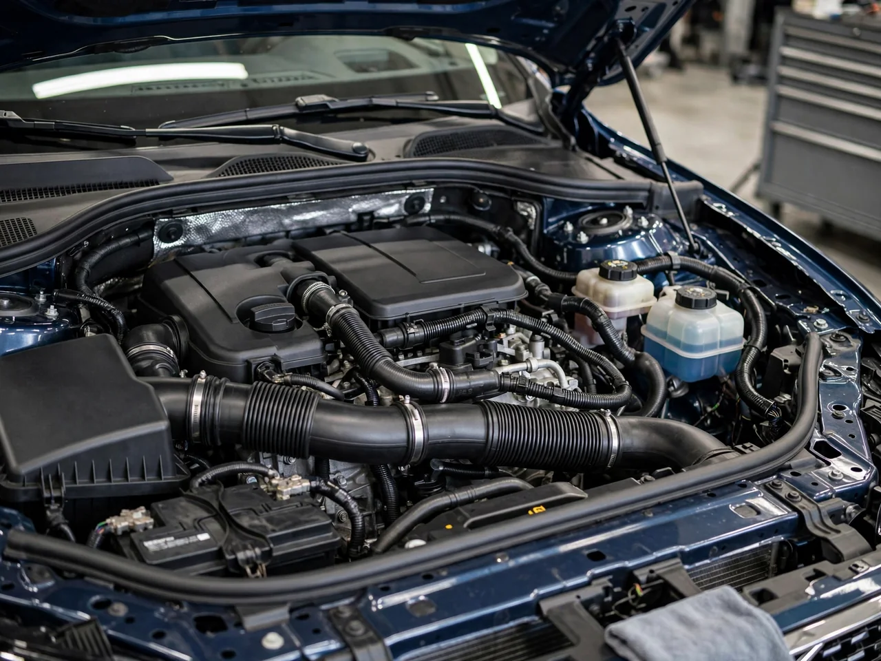 Volvo engine bay with crankcase ventilation hoses visible during a visual inspection
