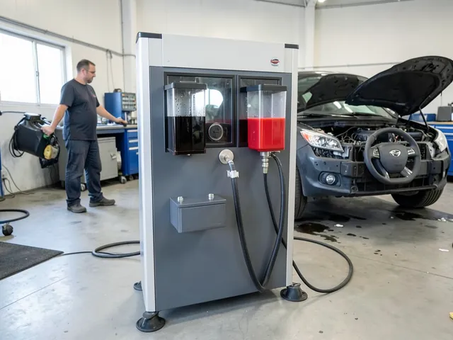 Transmission fluid exchange machine connected to a lifted car showing old dark fluid and fresh red fluid in its reservoirs