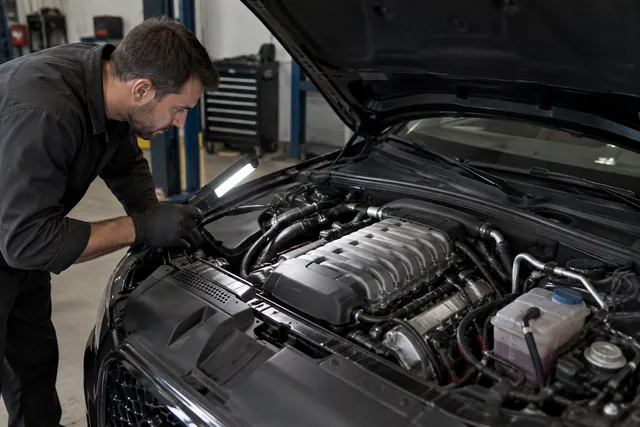 Audi supercharged engine bay with a technician inspecting the crankcase ventilation system