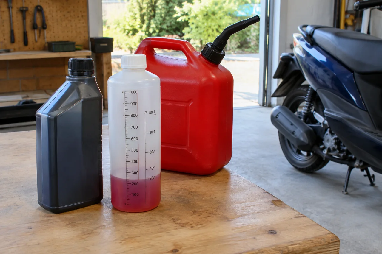 Two-stroke engine oil bottle and graduated mixing bottle on a workshop bench with a scooter behind