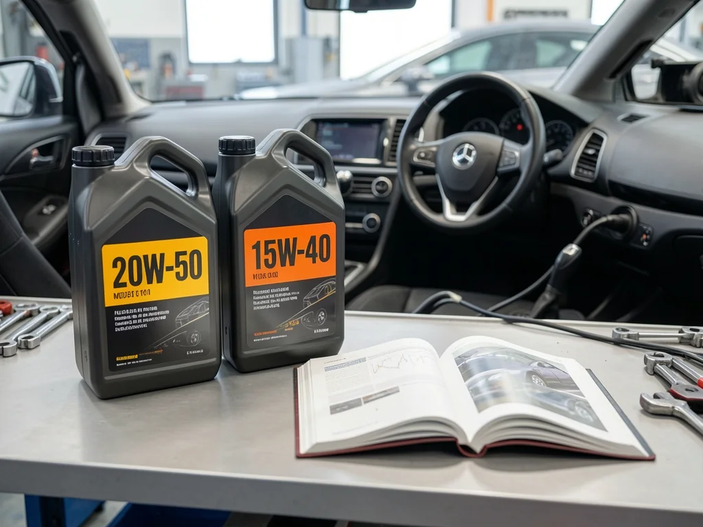 Unbranded 20W-50 and 15W-40 motor oil containers beside a car owner's manual