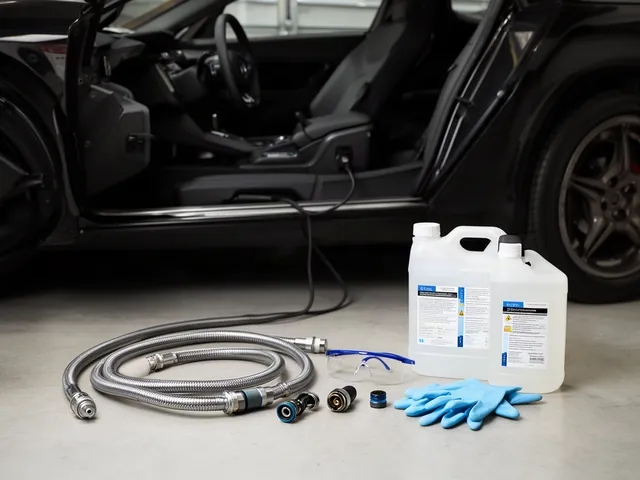 Heater core flushing supplies and a coolant collection container beside a parked car