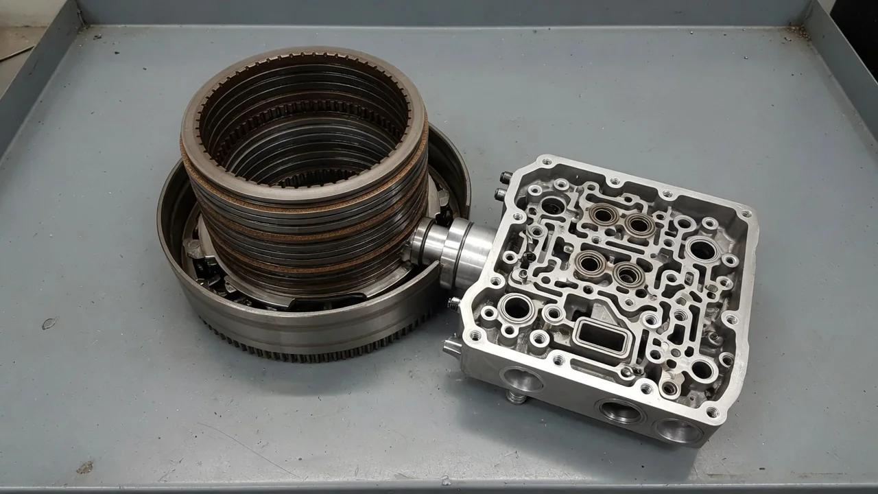 Transmission clutch pack and hydraulic valve body on a clean automotive workbench