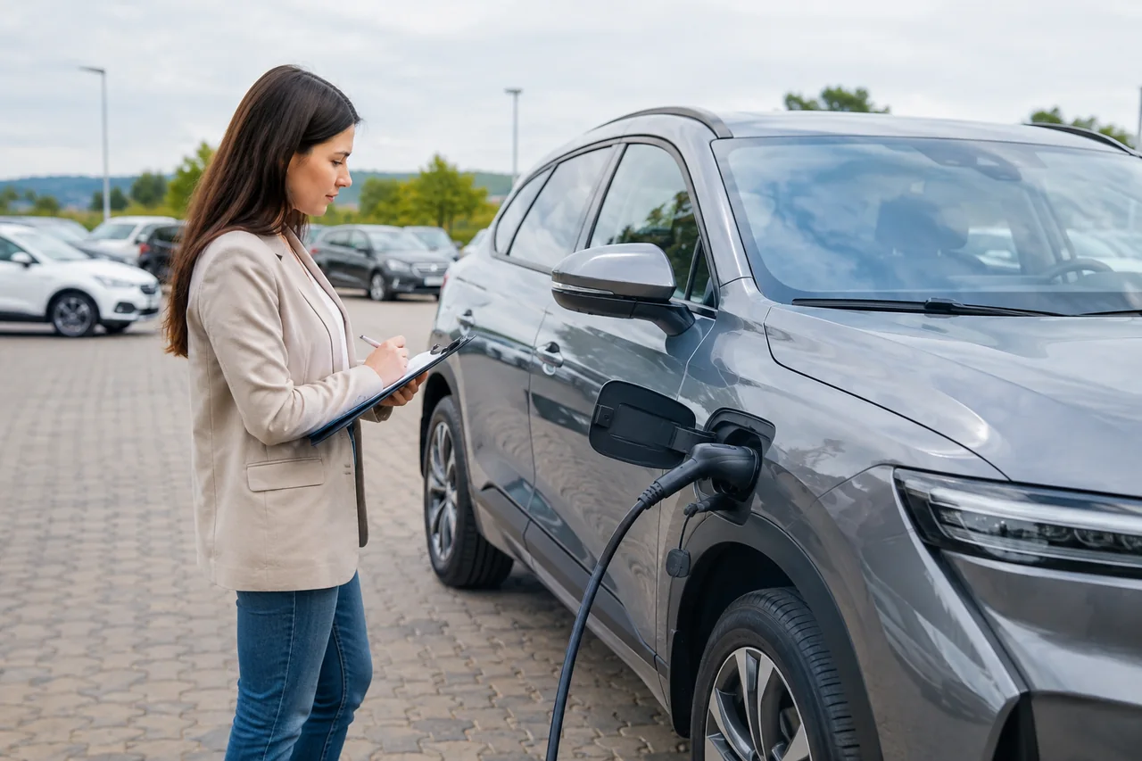 Buyer reviewing a used electric car’s charging port and inspection notes at a dealership