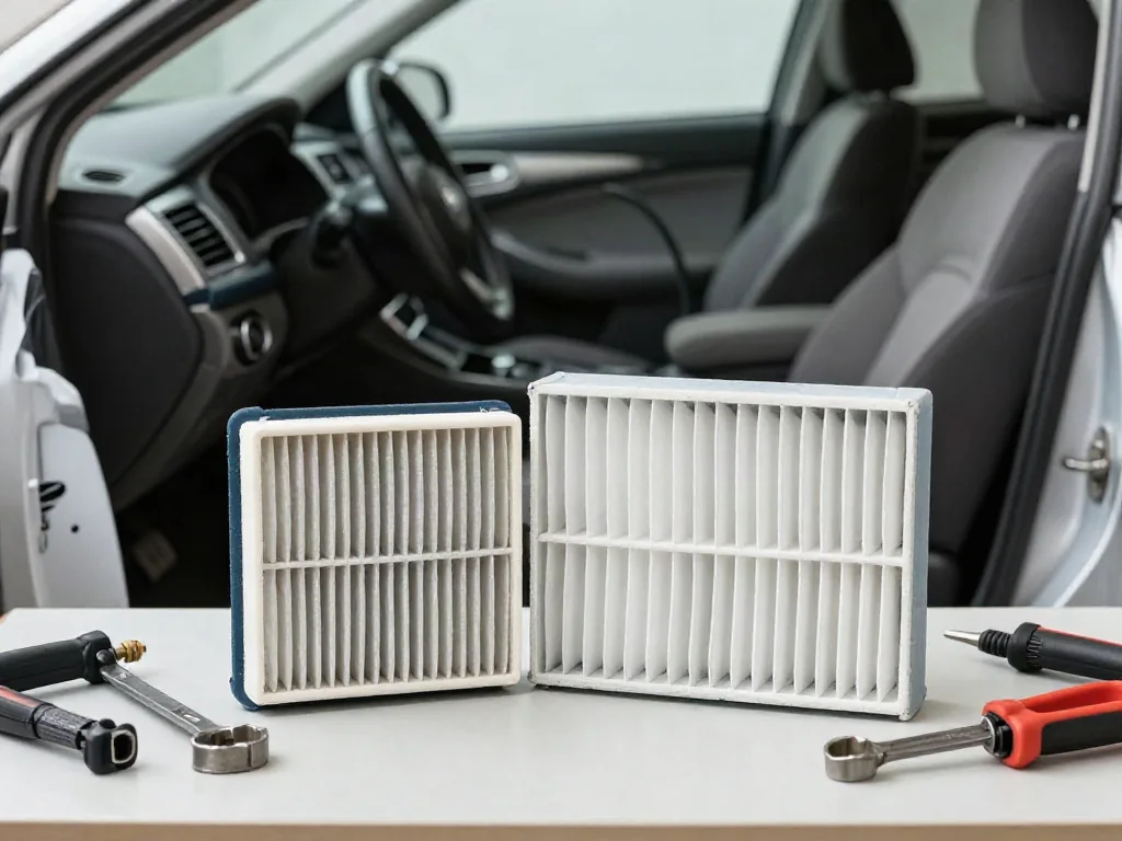 Cabin air filter beside basic hand tools, ready for a Ford Escape maintenance task