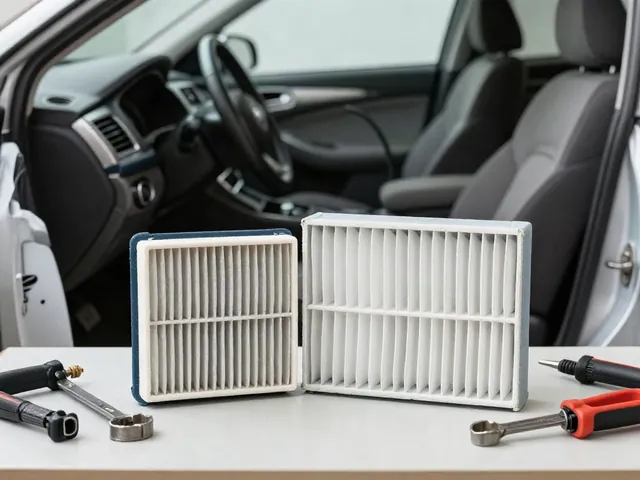 Cabin air filter beside basic hand tools, ready for a Ford Escape maintenance task