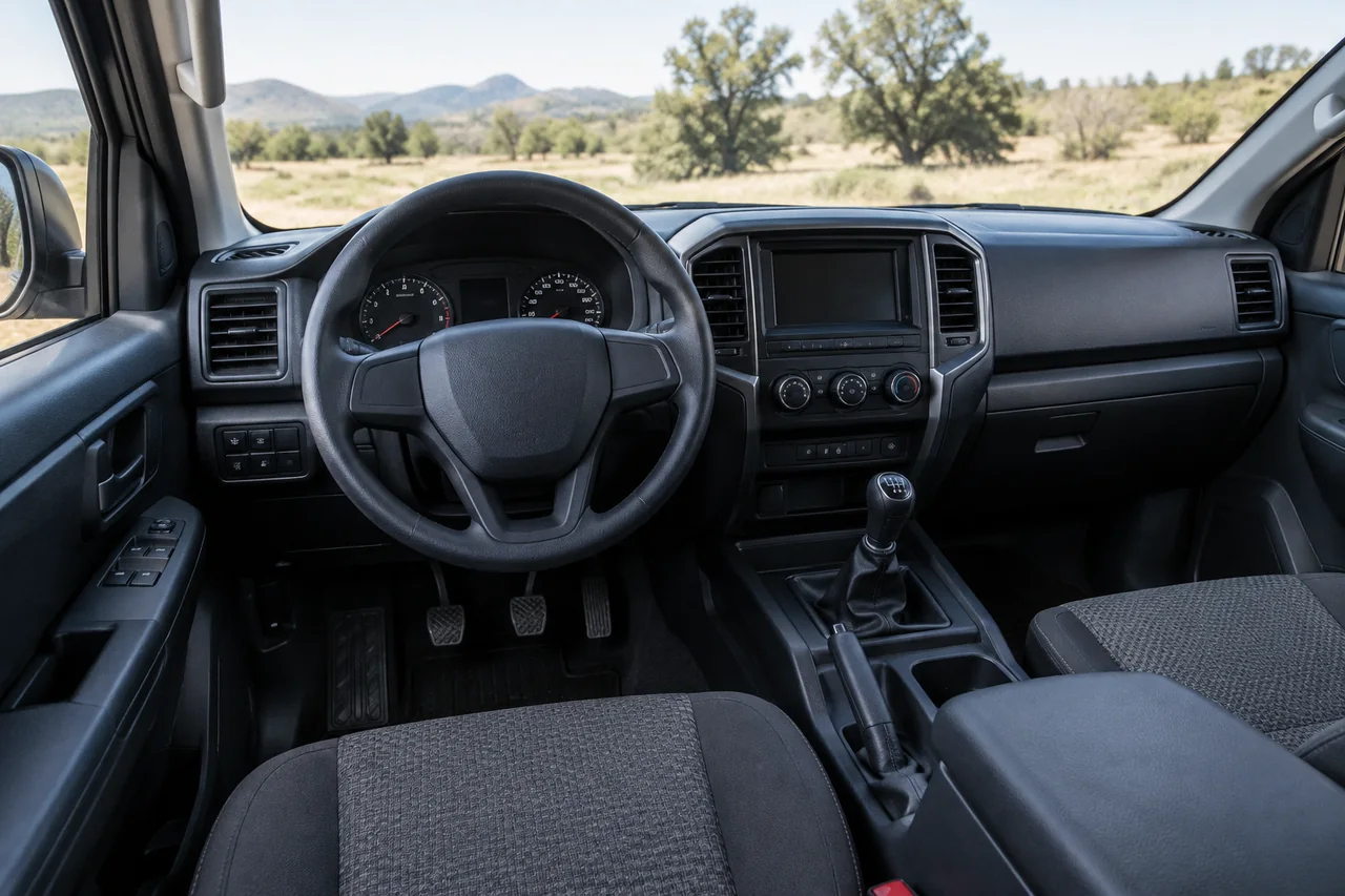 Pickup truck interior showing a manual gearshift, clutch pedal, and steering wheel