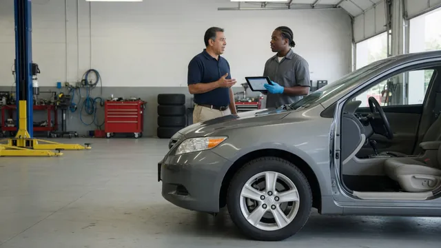 Driver discussing car vibration with a mechanic beside a parked vehicle in a service bay