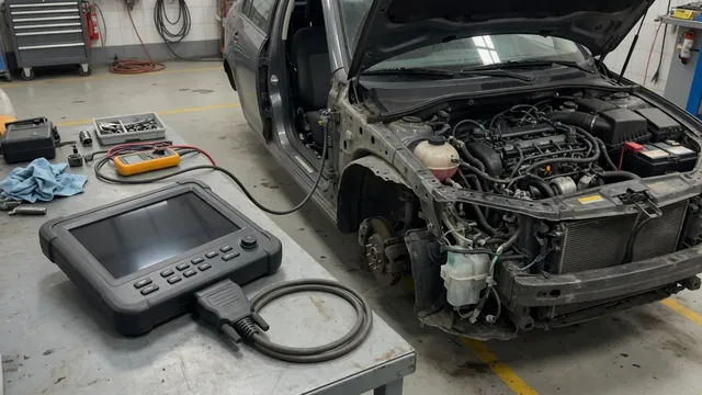 Diagnostic scan tool beside an open engine bay during a barometric pressure circuit inspection
