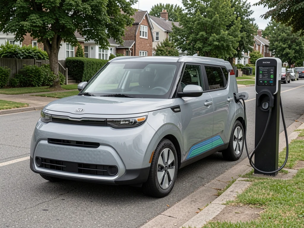 Kia Soul EV parked beside a public charging station with a suburban road in the background