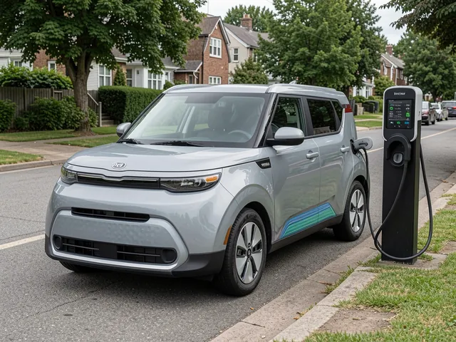 Kia Soul EV parked beside a public charging station with a suburban road in the background