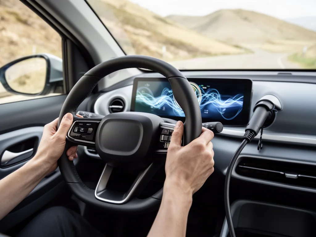 Driver using steering-wheel paddles to adjust regenerative braking in an electric SUV while the energy display shows power flow