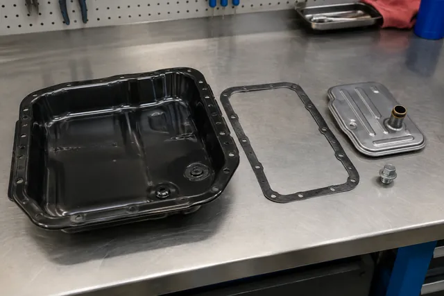 Automatic transmission oil pan with gasket, filter and drain plug arranged on a clean workbench