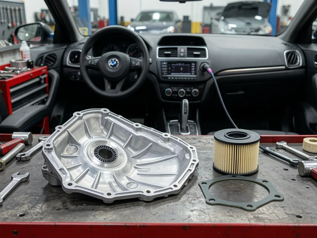 CVT transmission pan, filter, and gasket arranged on a clean workshop bench