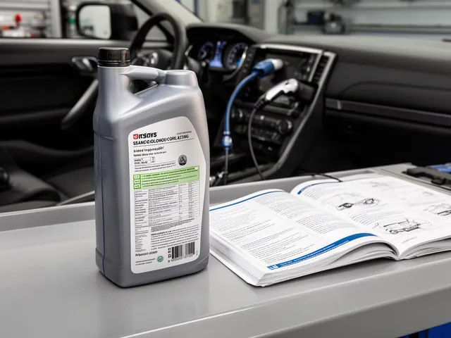 Engine oil bottle with a clearly organized specification label beside an open vehicle owner’s manual