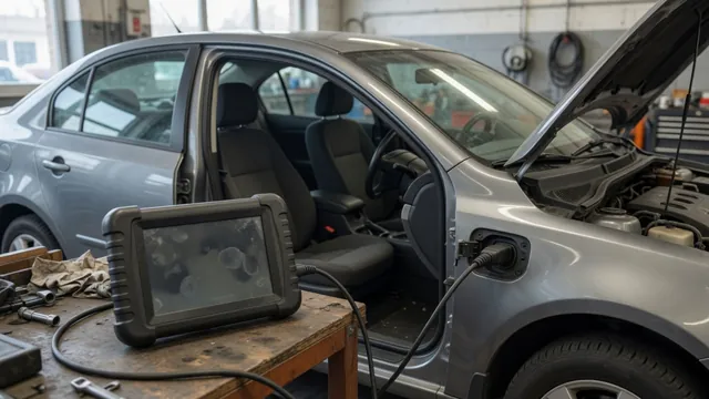 Diagnostic scan tool beside a vehicle with a P1744 fault code displayed