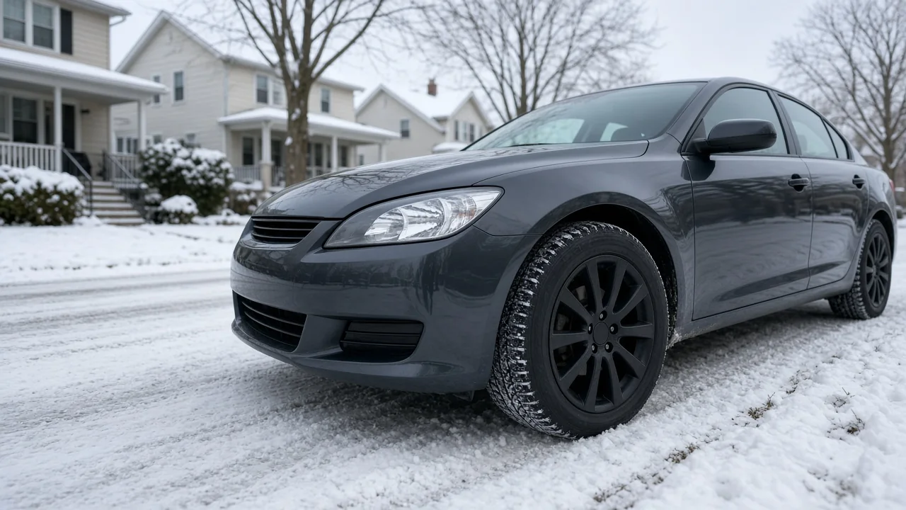 Winter tire tread on a passenger car parked beside a snow-covered residential road