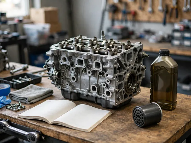 Clean engine assembly with an unlabeled oil bottle and an owner's manual on a workshop bench