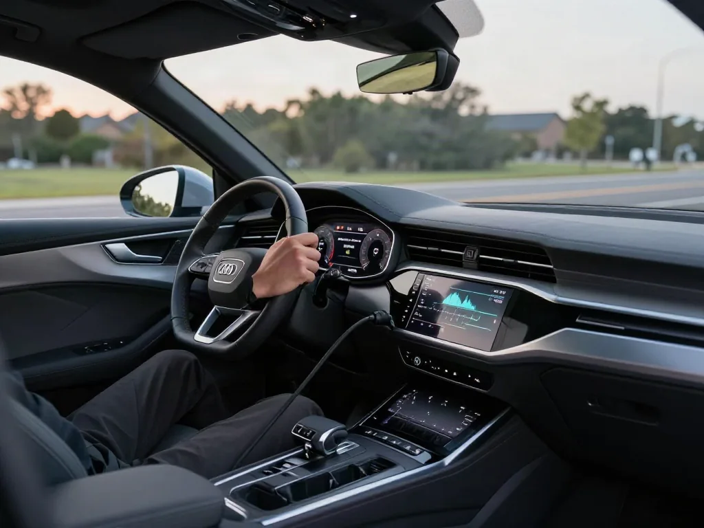 Driver using a steering-wheel paddle to adjust regenerative braking in an Audi electric SUV