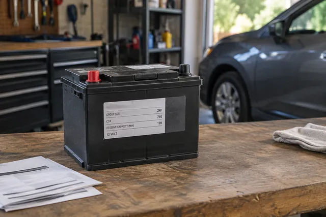 Car battery with specification label and warranty paperwork on a clean automotive workbench