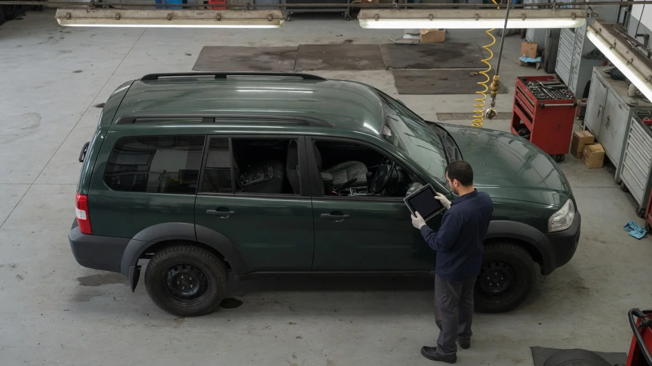 Technician reviewing diagnostic scan results beside a four-wheel-drive vehicle