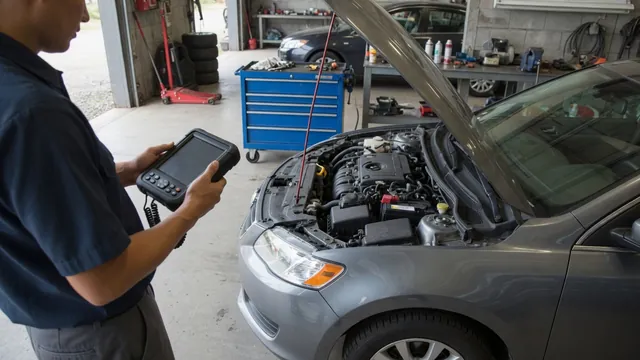 Technician reviewing actuator supply circuit codes on a scan tool beside a parked vehicle