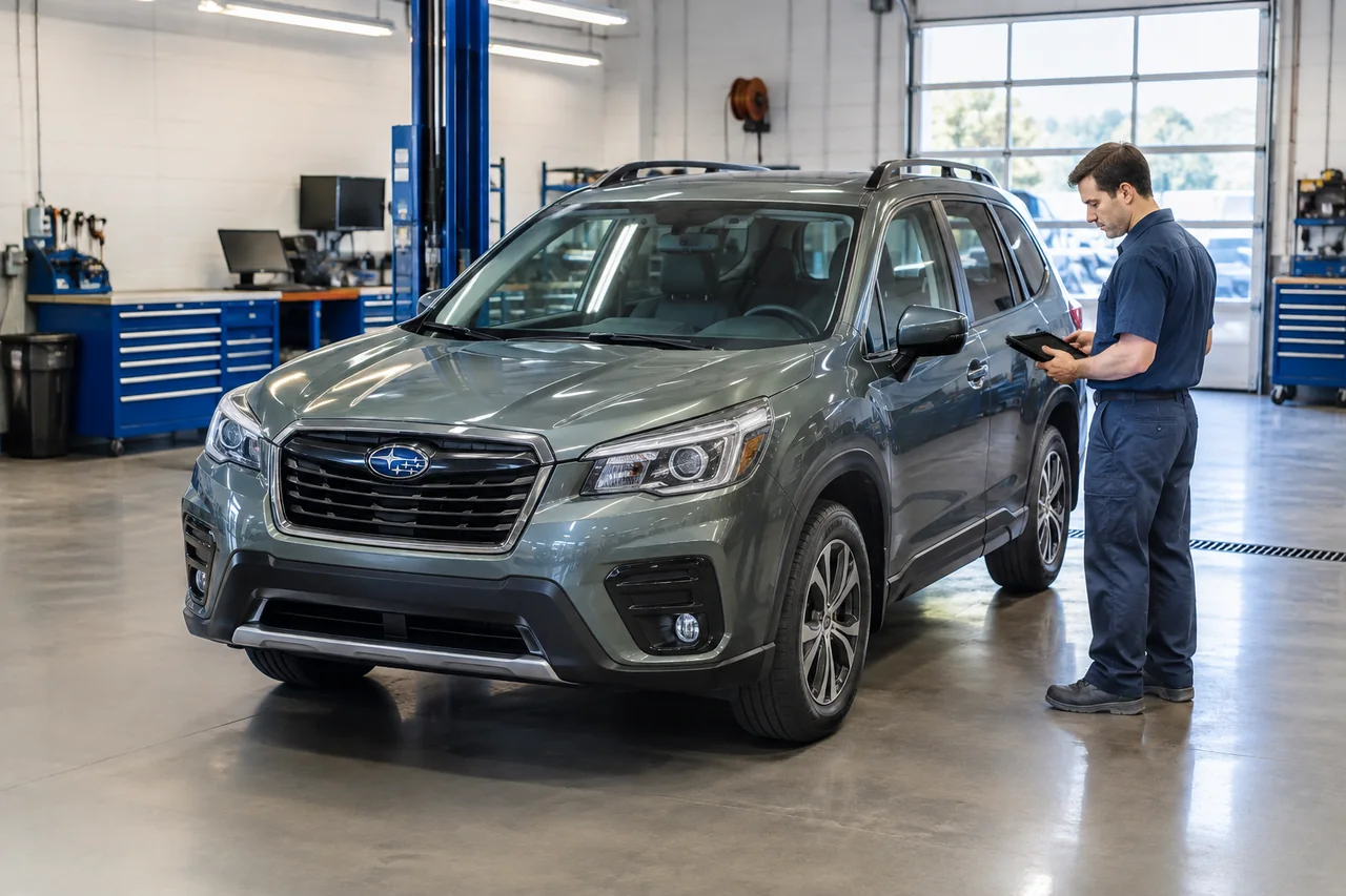 Subaru Forester parked in a clean service bay for a fuel system inspection