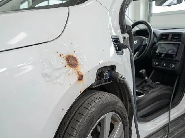 Small rust spot and bubbling paint along a car wheel arch, shown before bodywork