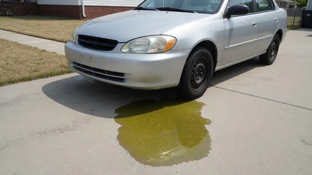 Small yellow-green puddle beneath the front of a parked car on a dry driveway
