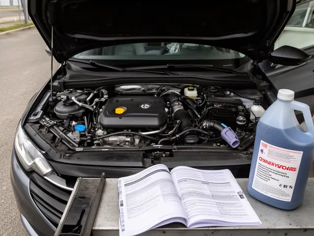 Coolant reservoir beside an owner’s manual and a coolant bottle with a specification label