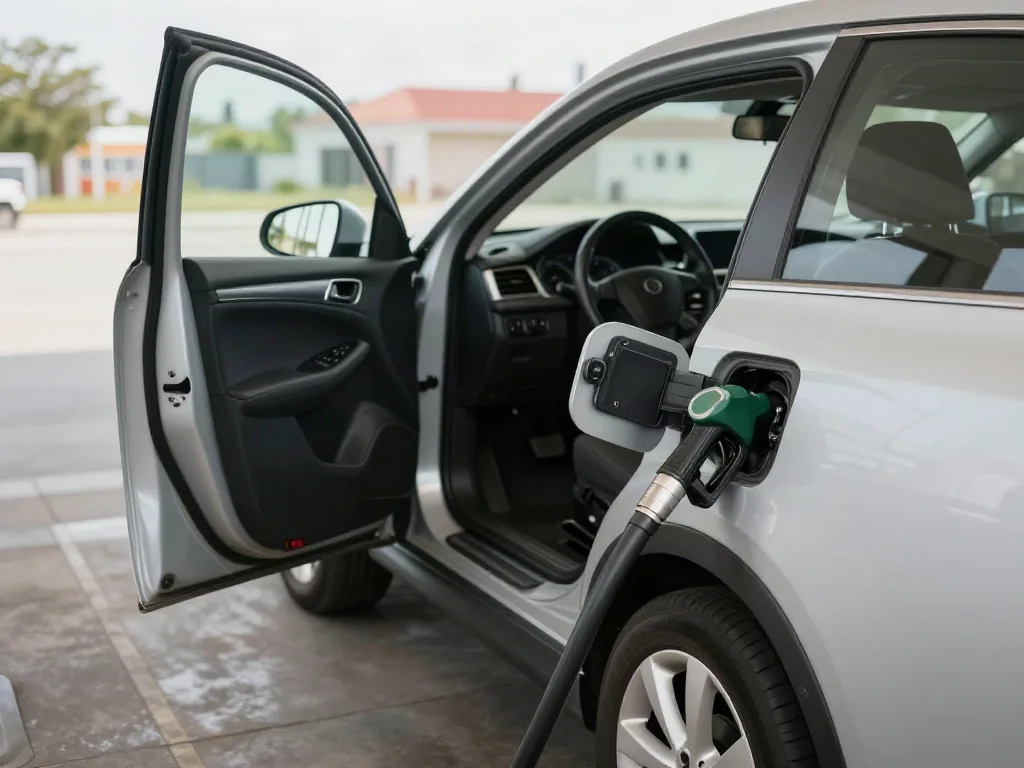 Fuel nozzle at a vehicle filler opening with the fuel door open