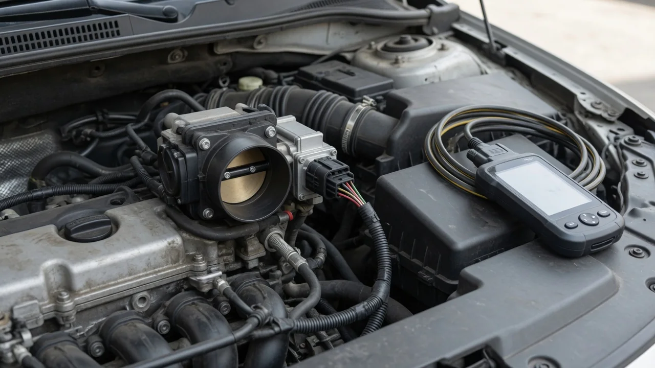 Electronic throttle body and wiring connector in an engine bay with a diagnostic scanner nearby