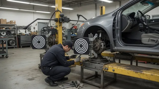 Technician inspecting suspension and steering components with a vehicle on an alignment rack