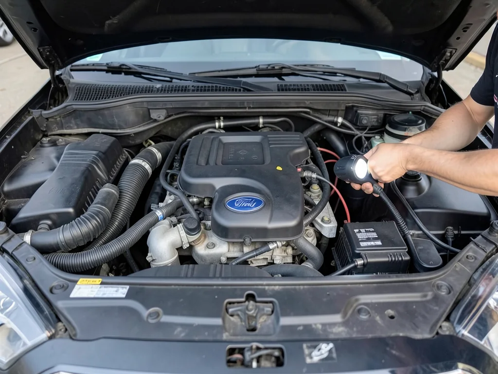 Technician inspecting crankcase ventilation components under the hood of a Ford