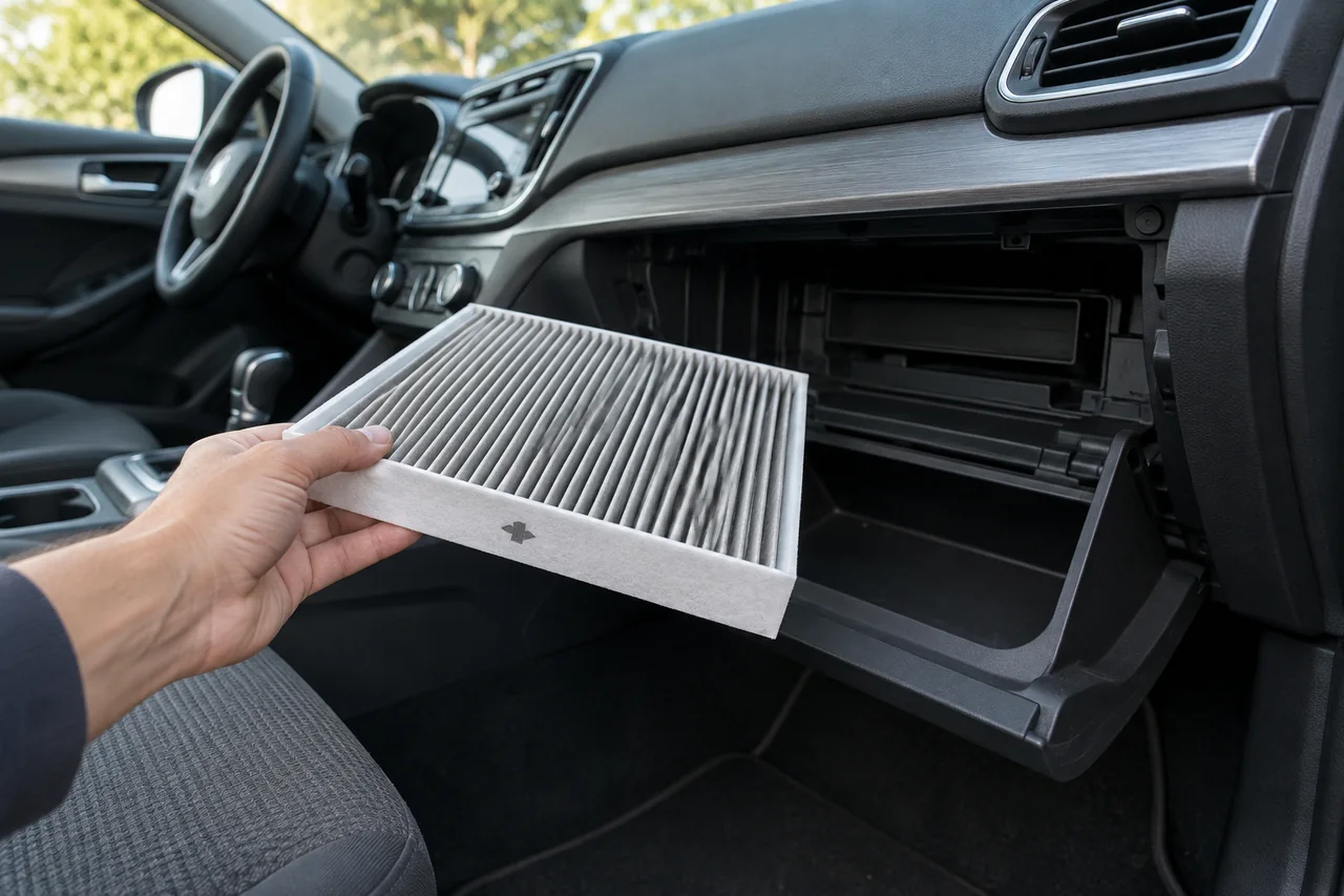 Cabin air filter beside an open glove compartment, with its airflow arrow visible