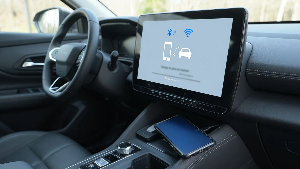 Car infotainment screen trying to connect wirelessly to an Android phone resting in the center console
