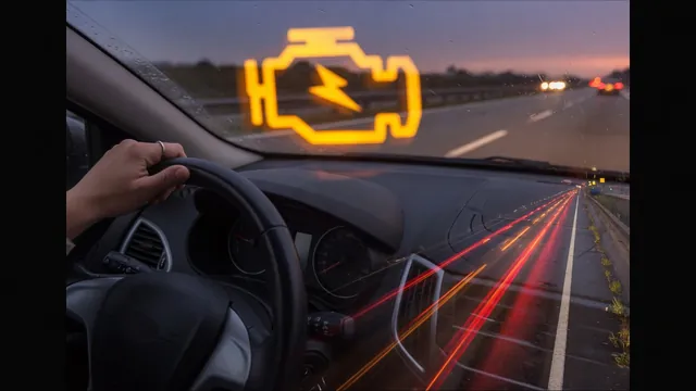 Amber check engine light blinking on a car dashboard as the driver pulls onto the road shoulder at dusk