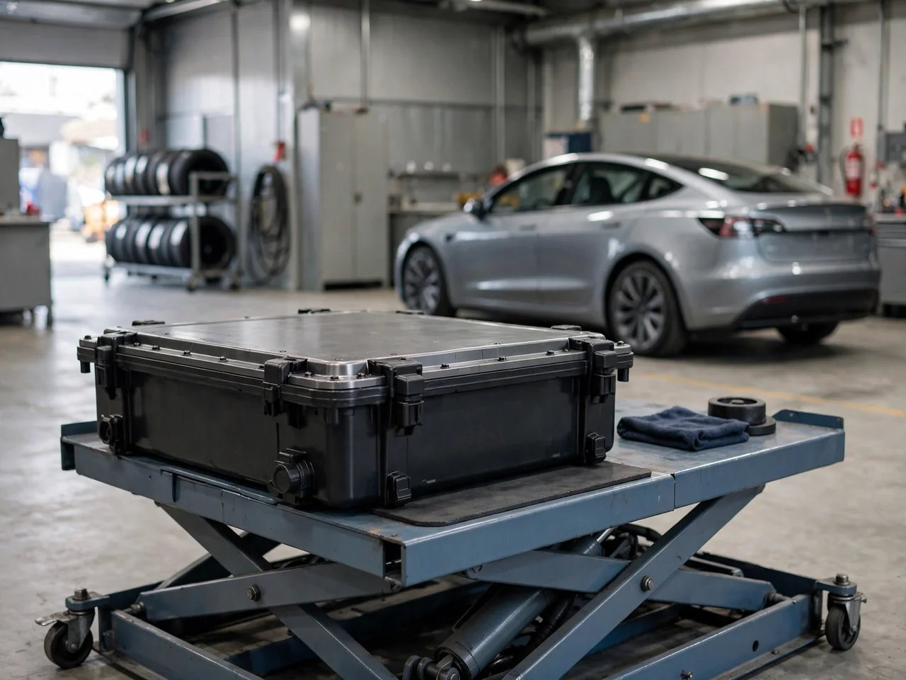 EV battery pack on a service platform in a clean professional workshop