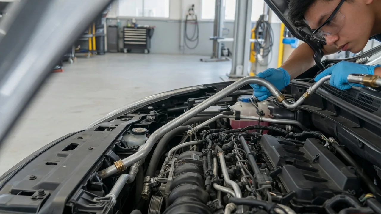 Technician inspecting a car AC refrigerant line for signs of leakage under the hood