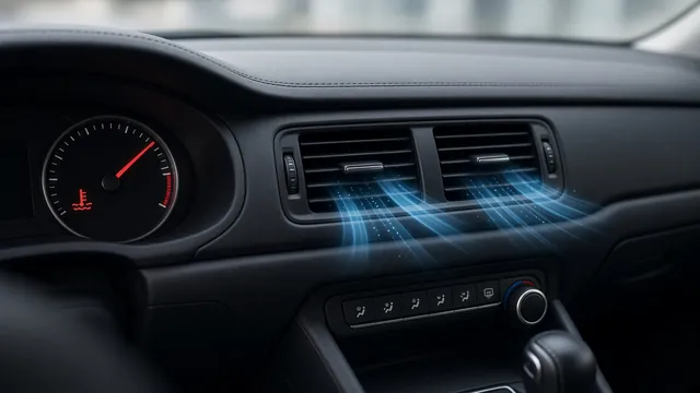 Dashboard showing a high engine temperature reading with blue airflow symbols at the cabin vents