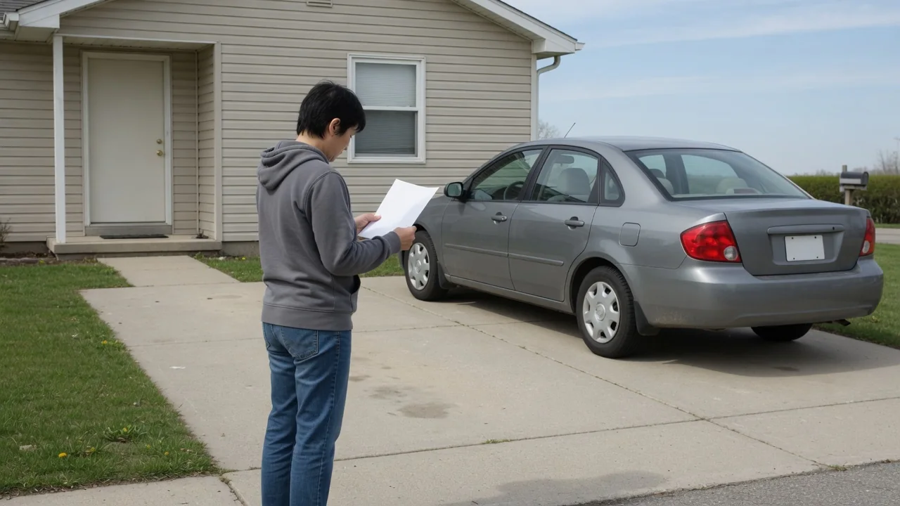 Nissan owner reviewing a recall notice beside a parked vehicle