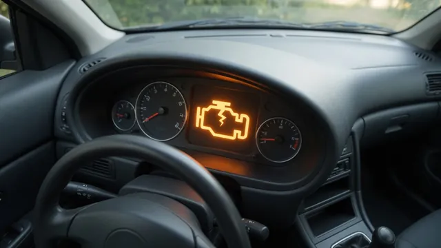 Illustration of a GMC Acadia dashboard with an illuminated amber check engine symbol