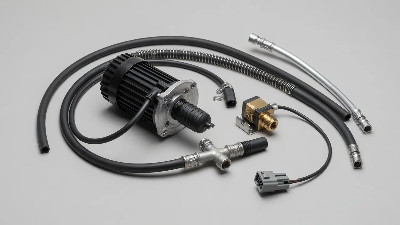 Illustration of a secondary air injection pump, air lines, pressure sensor, and electrical connector