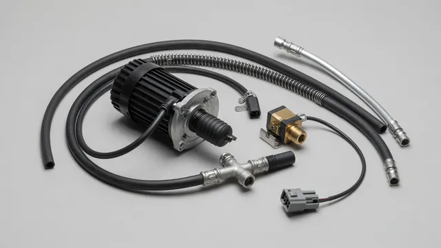 Illustration of a secondary air injection pump, air lines, pressure sensor, and electrical connector