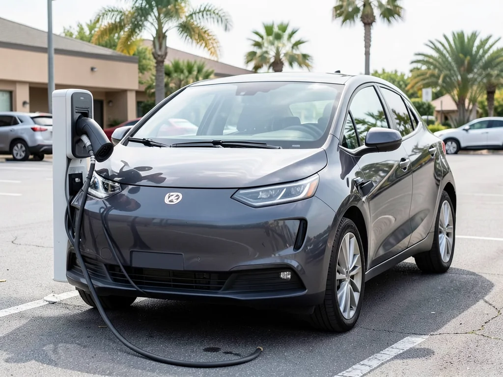 Electric car plugged into a charging station in a hotel parking lot