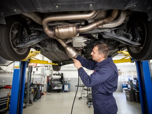 Mechanic inspecting the catalytic converter and exhaust beneath a car on a workshop lift.