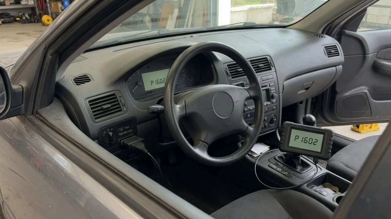 Diagnostic scan tool displaying P1602 beside a vehicle dashboard