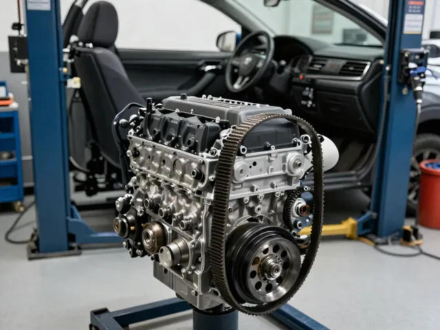 Timing belt and pulleys exposed on a Toyota V6 engine during professional service